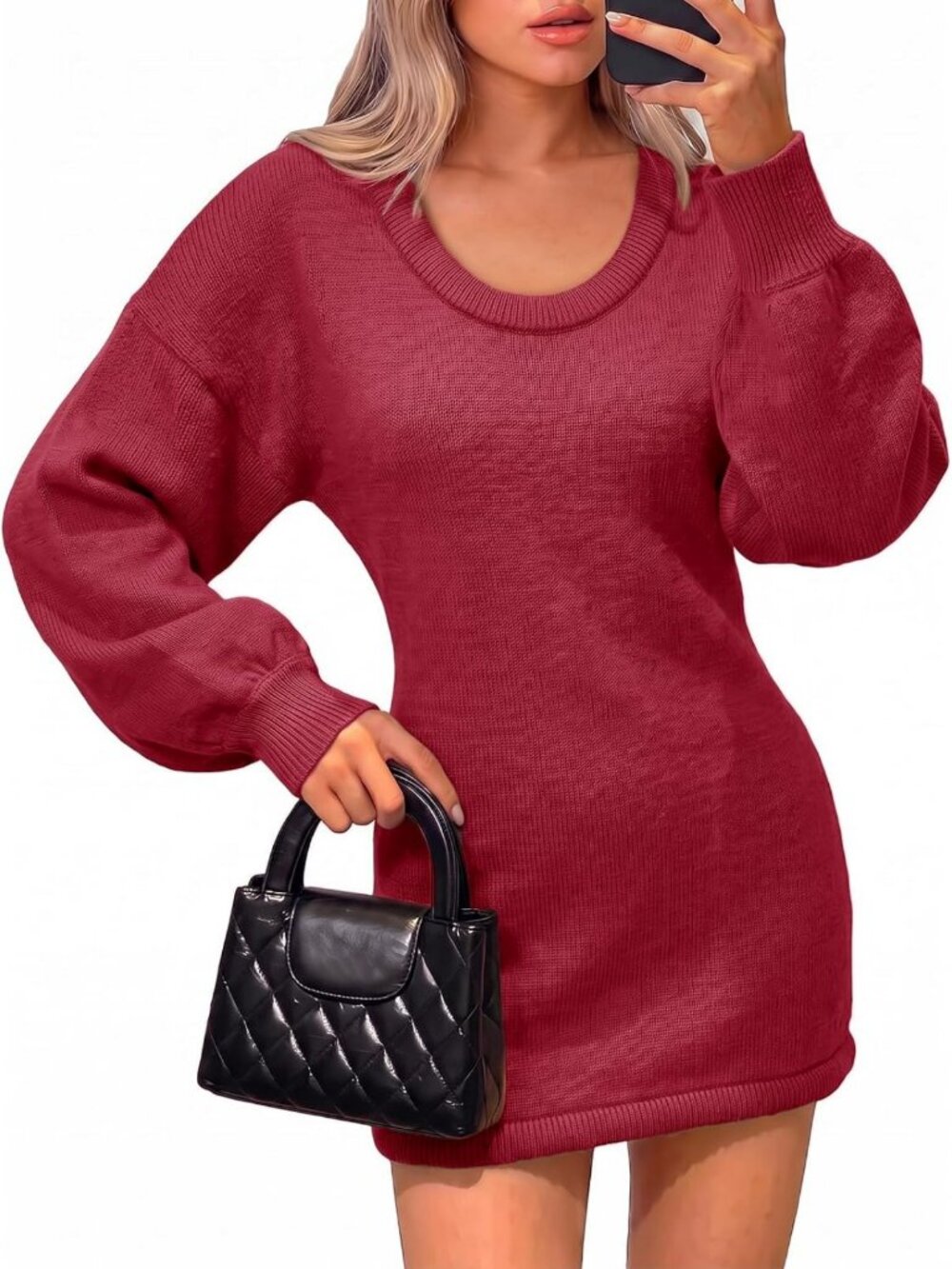 Cozy Long Sleeve Knit Mini Sweater Dress with Scoop Neck - Perfect for Fall!